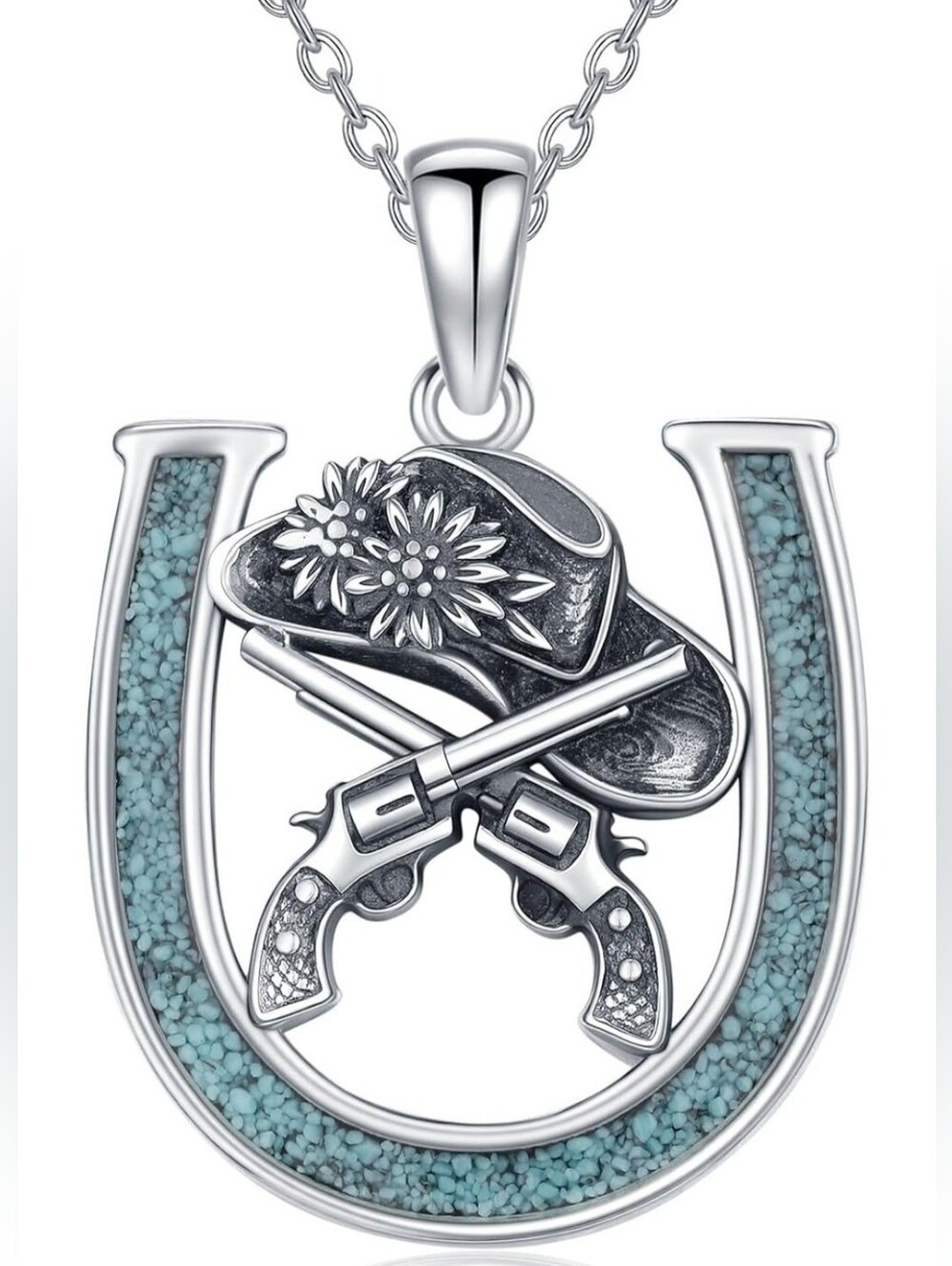 Sterling Silver Genuine Turquoise Western Horseshoe Pendant Necklace –